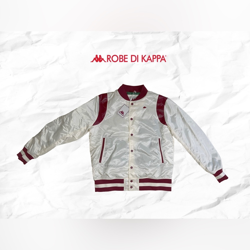 Robe di Kappa Padded Cream Satin Varsity Style Jacket with Burgundy Contrast
